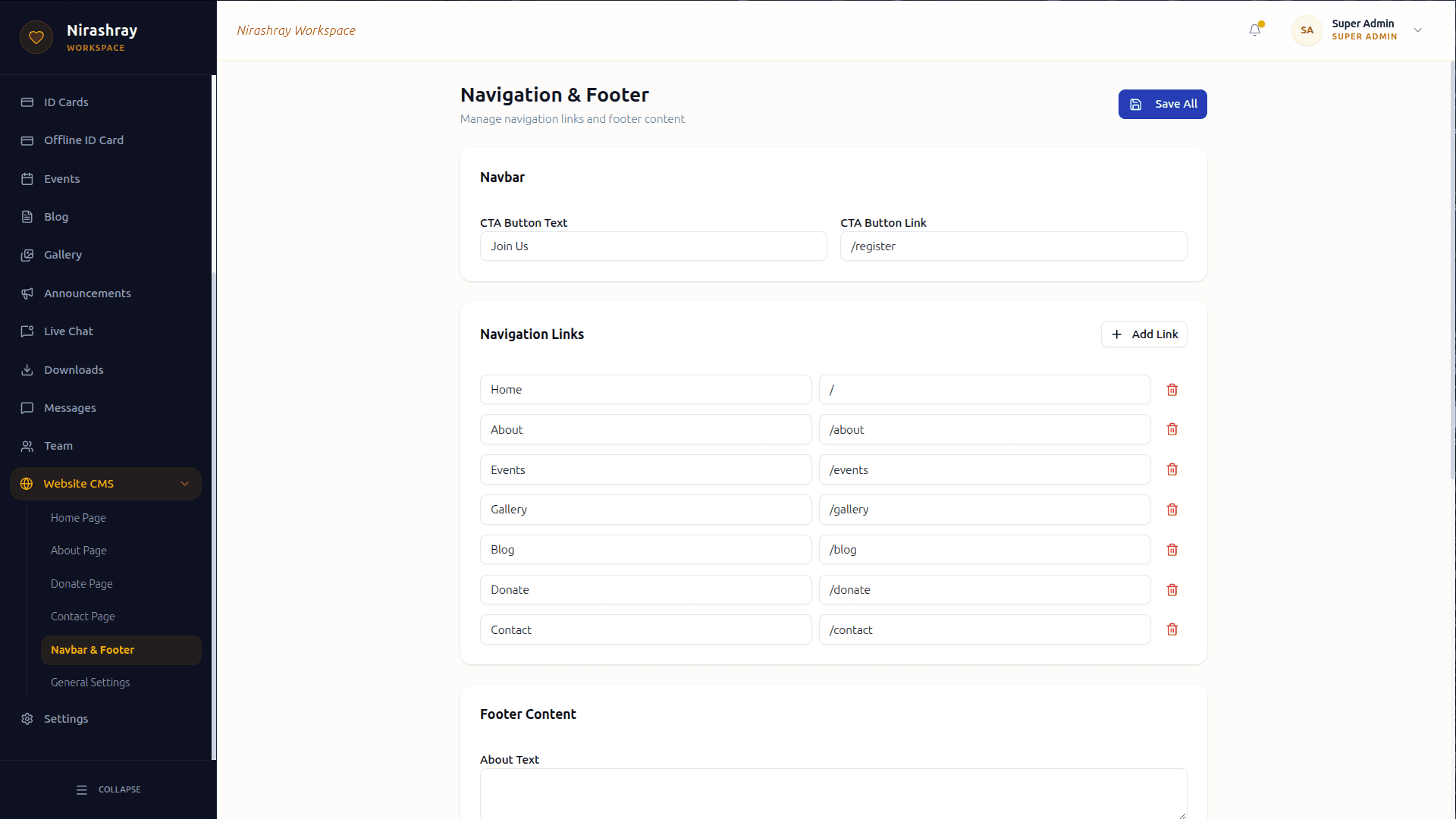 Content editing screen in the Nirashray dashboard