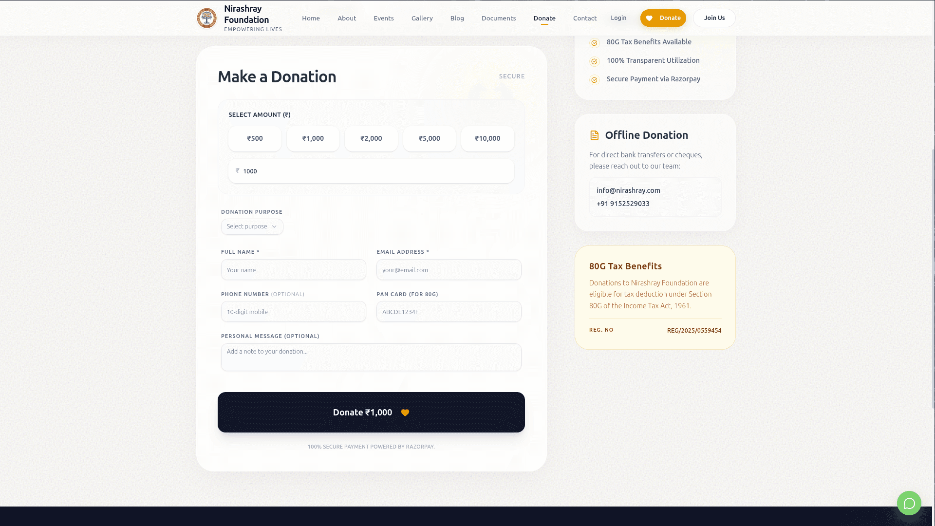 Payment screen in the Nirashray platform