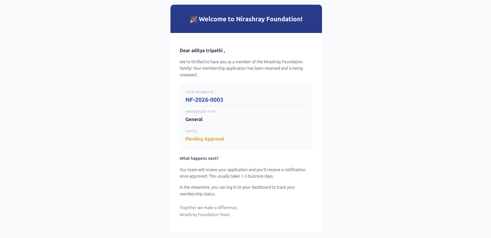 Automated email template sent by the Nirashray platform